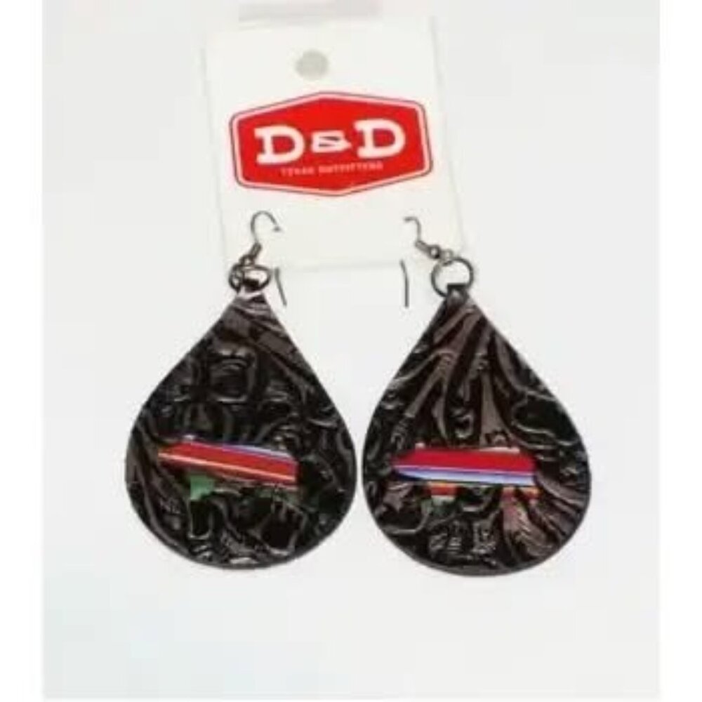New $26 Floral Tooled Leather Inlay Striped Pig Drop Earrings